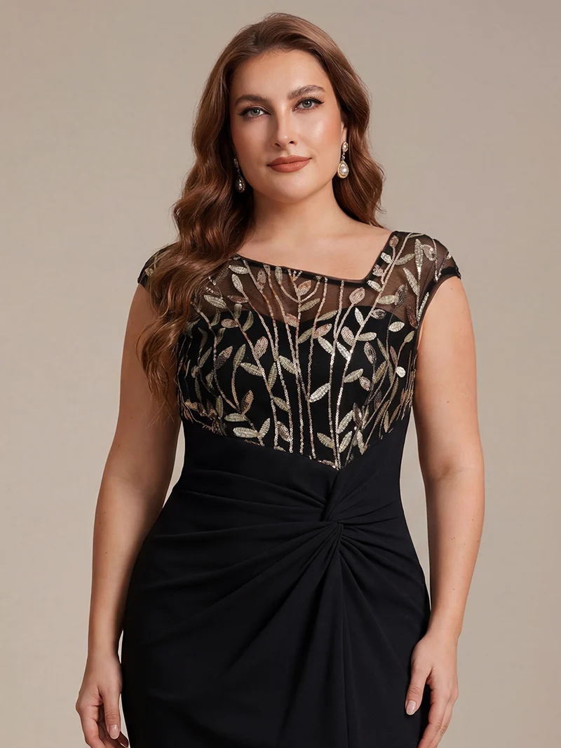 Robe longue moulante asymétrique à manches courtes en sequins extensibles