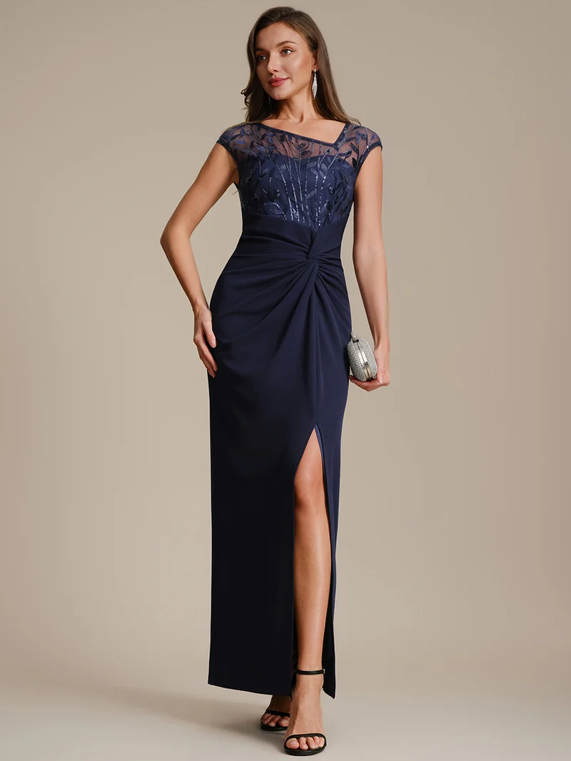 Robe longue moulante asymétrique à manches courtes en sequins extensibles