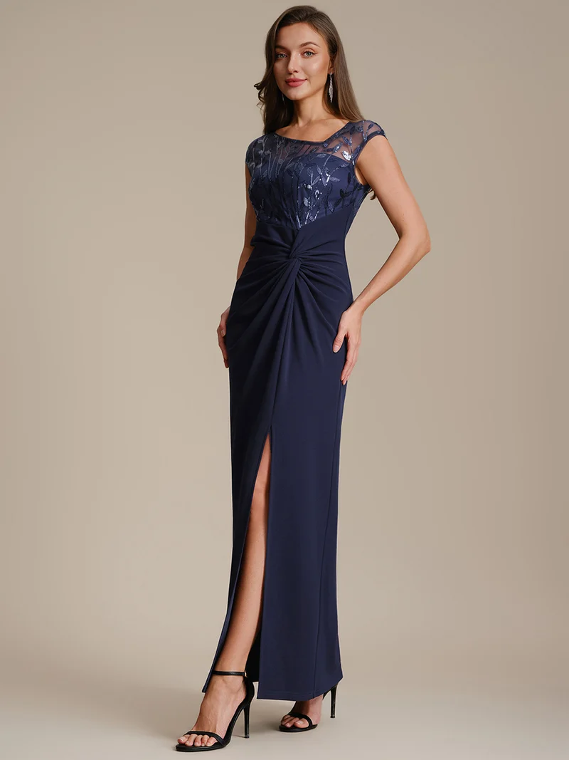 Robe longue moulante asymétrique à manches courtes en sequins extensibles