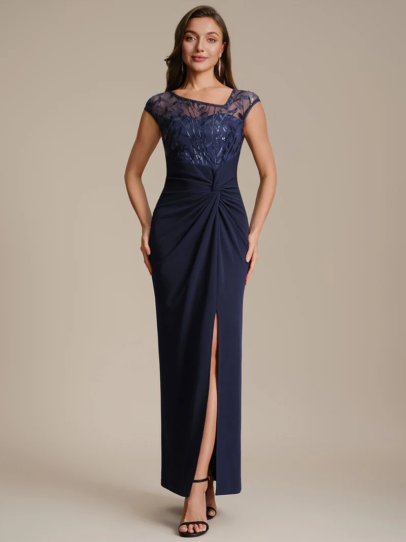 Robe longue moulante asymétrique à manches courtes en sequins extensibles