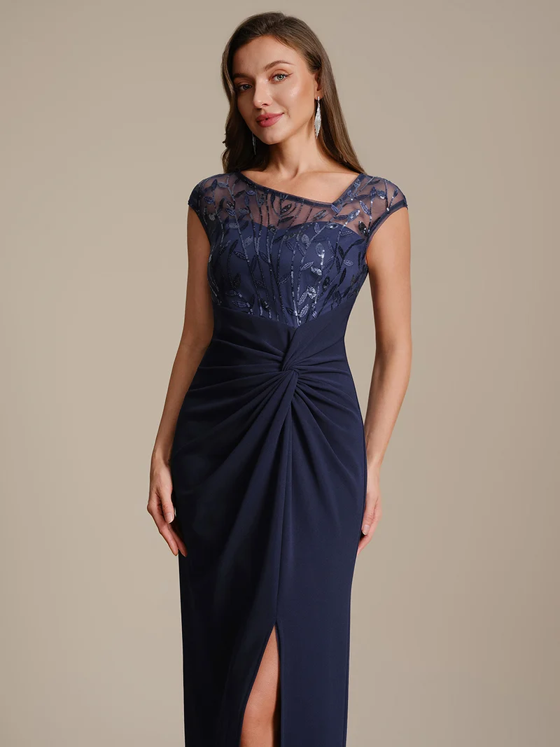 Robe longue moulante asymétrique à manches courtes en sequins extensibles