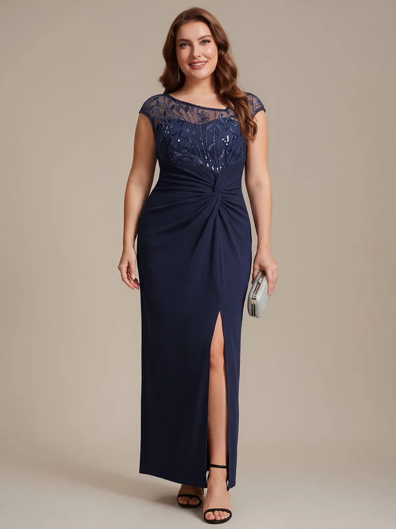 Robe longue moulante asymétrique à manches courtes en sequins extensibles