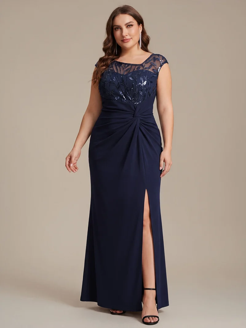 Robe longue moulante asymétrique à manches courtes en sequins extensibles