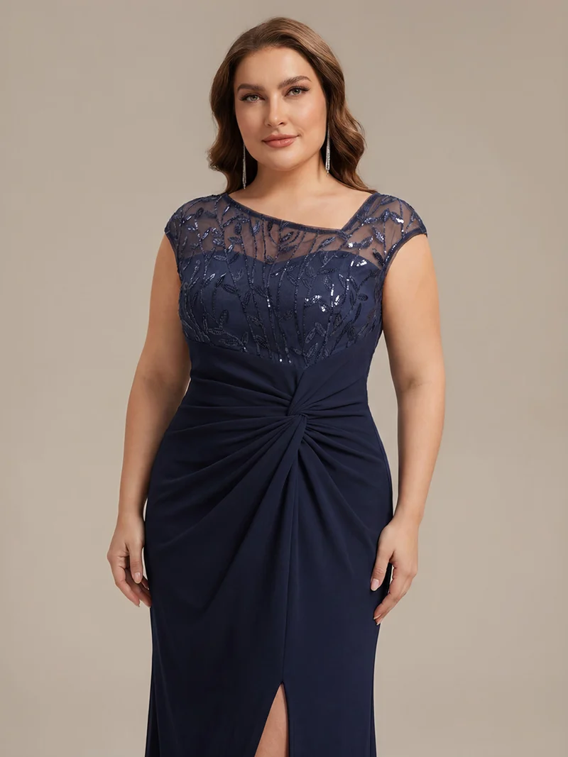 Robe longue moulante asymétrique à manches courtes en sequins extensibles