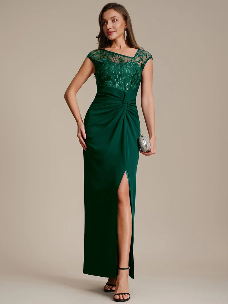 Robe longue moulante asymétrique à manches courtes en sequins extensibles