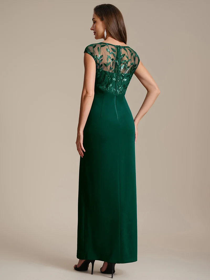 Robe longue moulante asymétrique à manches courtes en sequins extensibles