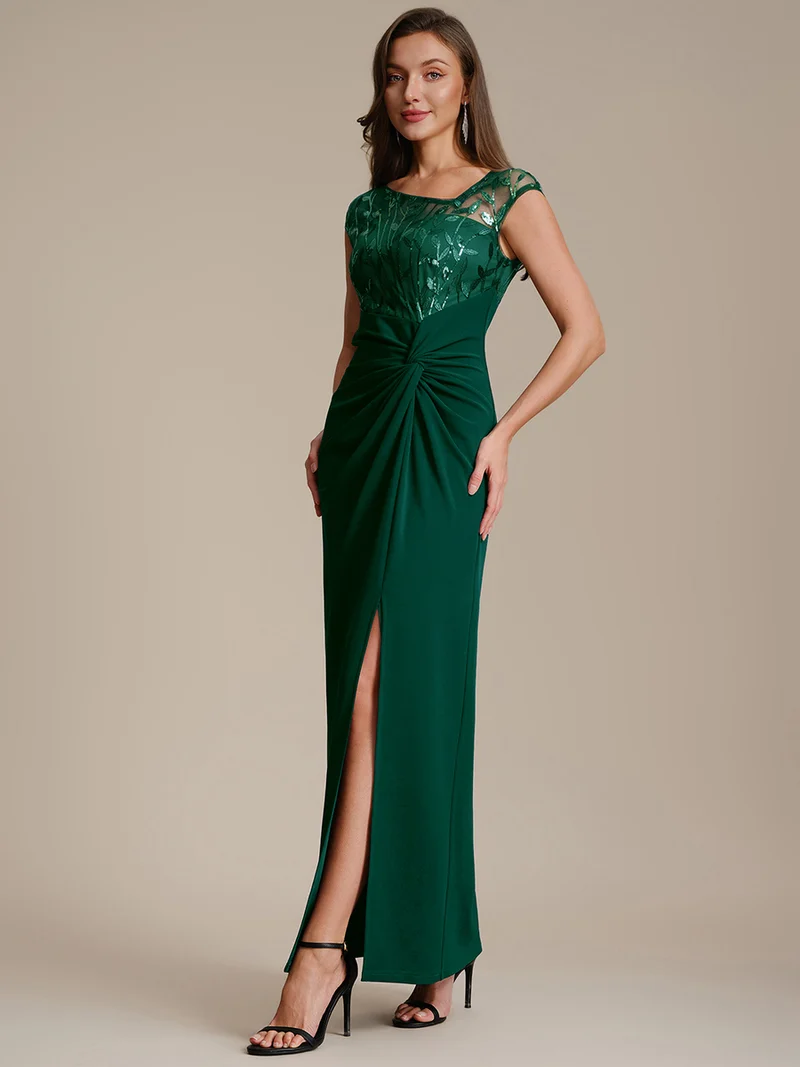 Robe longue moulante asymétrique à manches courtes en sequins extensibles