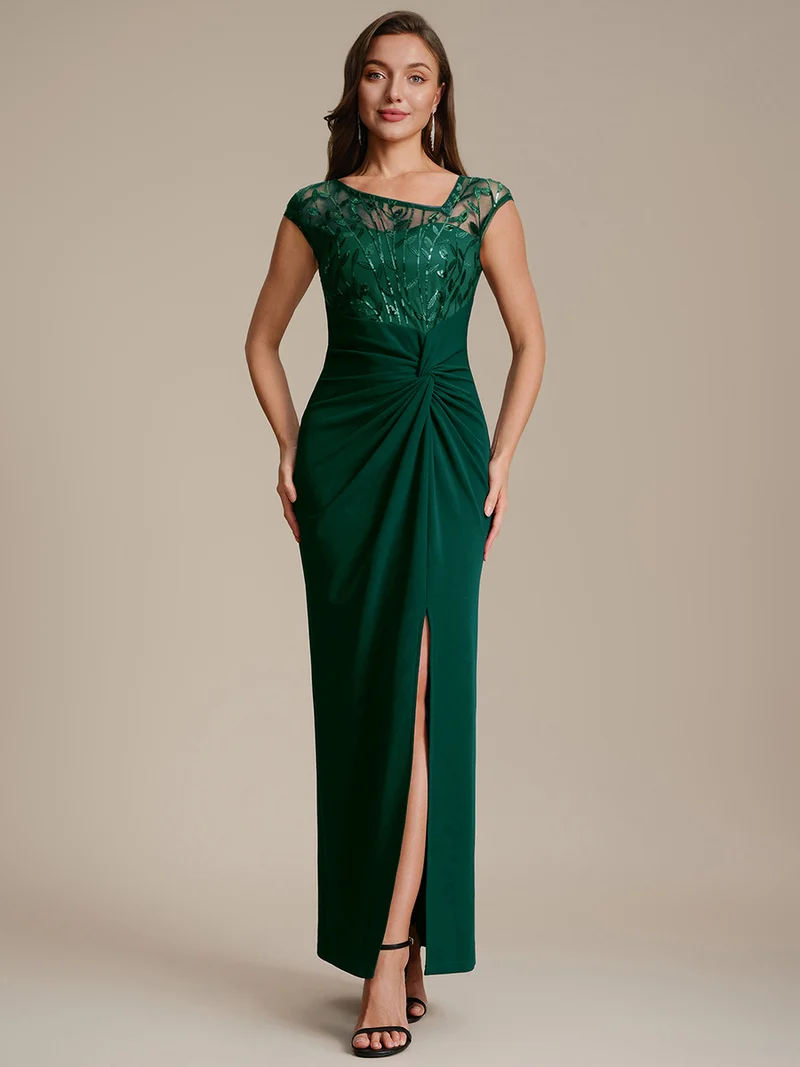 Robe longue moulante asymétrique à manches courtes en sequins extensibles