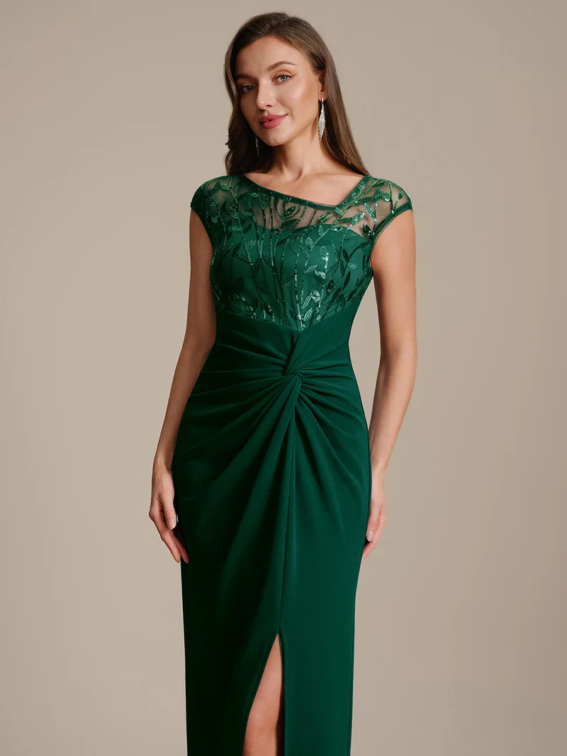 Robe longue moulante asymétrique à manches courtes en sequins extensibles