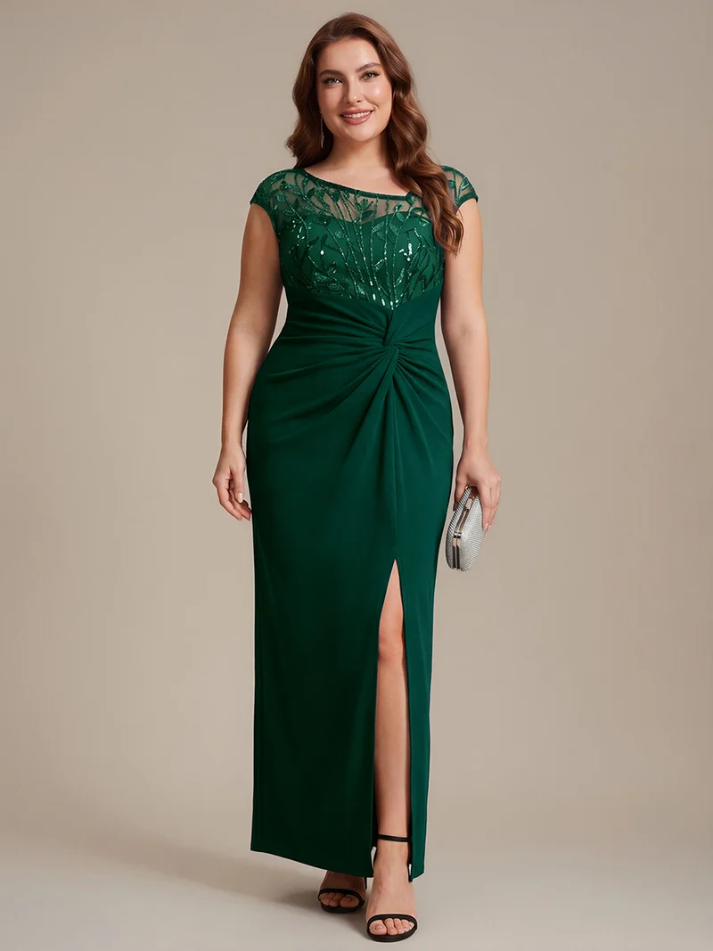 Robe longue moulante asymétrique à manches courtes en sequins extensibles