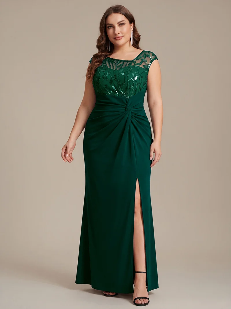Robe longue moulante asymétrique à manches courtes en sequins extensibles