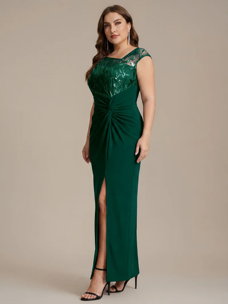 Robe longue moulante asymétrique à manches courtes en sequins extensibles
