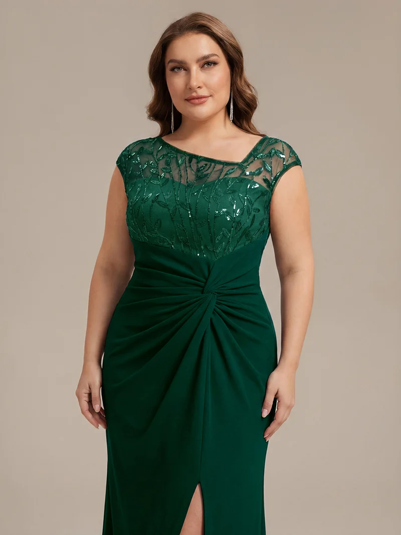 Robe longue moulante asymétrique à manches courtes en sequins extensibles