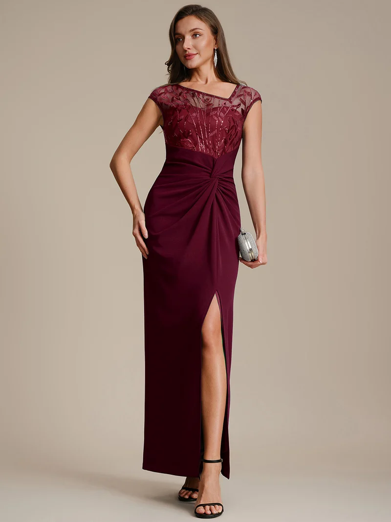 Robe longue moulante asymétrique à manches courtes en sequins extensibles