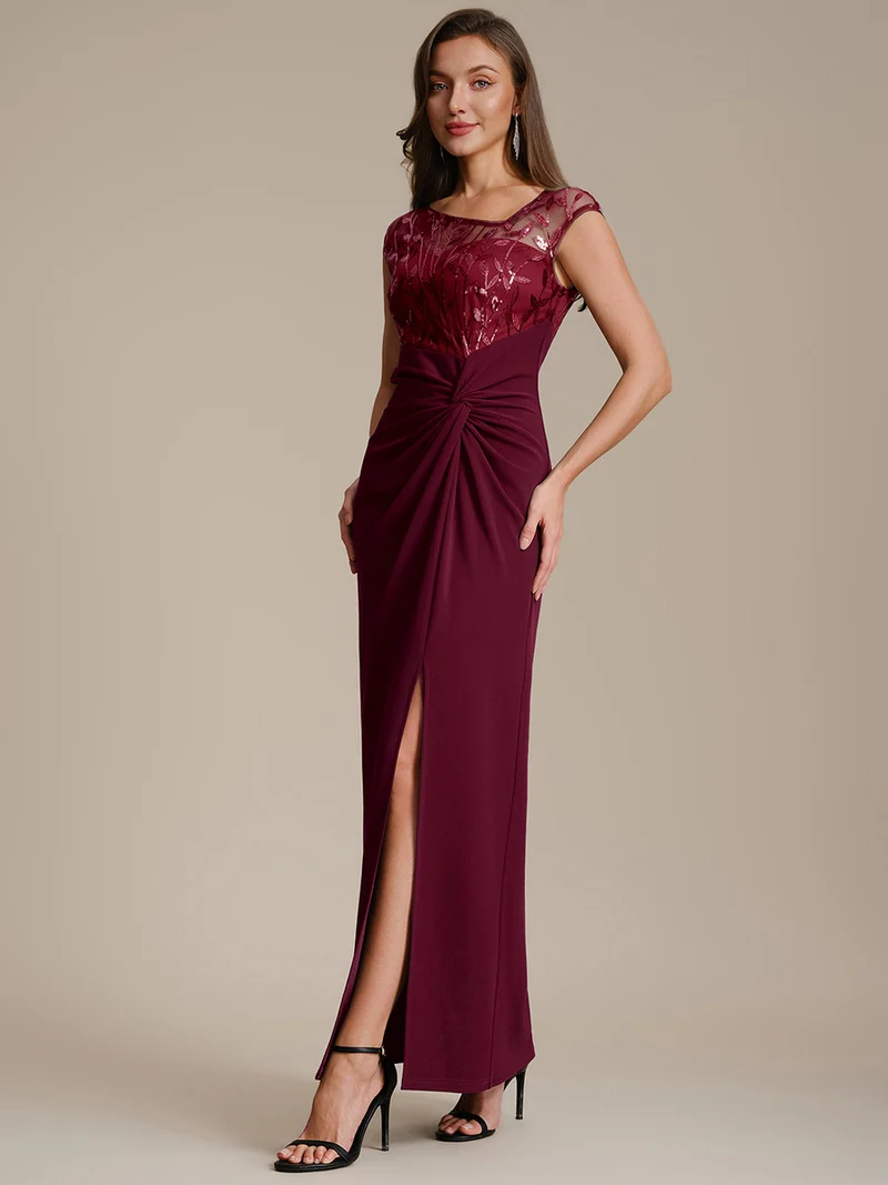 Robe longue moulante asymétrique à manches courtes en sequins extensibles