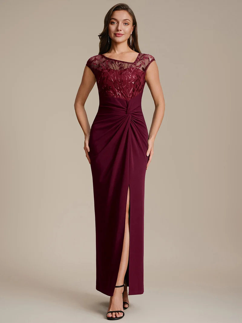 Robe longue moulante asymétrique à manches courtes en sequins extensibles
