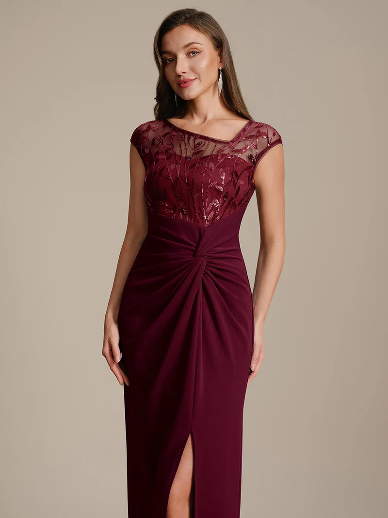 Robe longue moulante asymétrique à manches courtes en sequins extensibles
