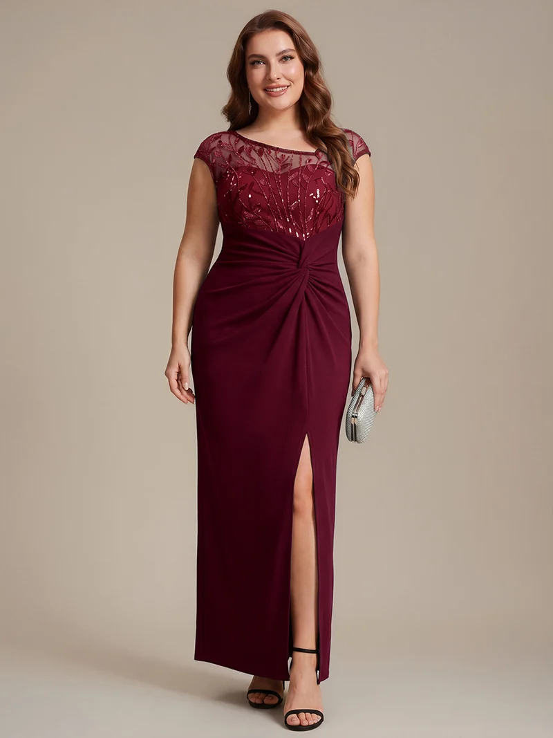 Robe longue moulante asymétrique à manches courtes en sequins extensibles