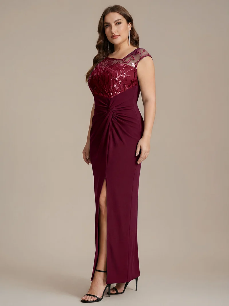 Robe longue moulante asymétrique à manches courtes en sequins extensibles