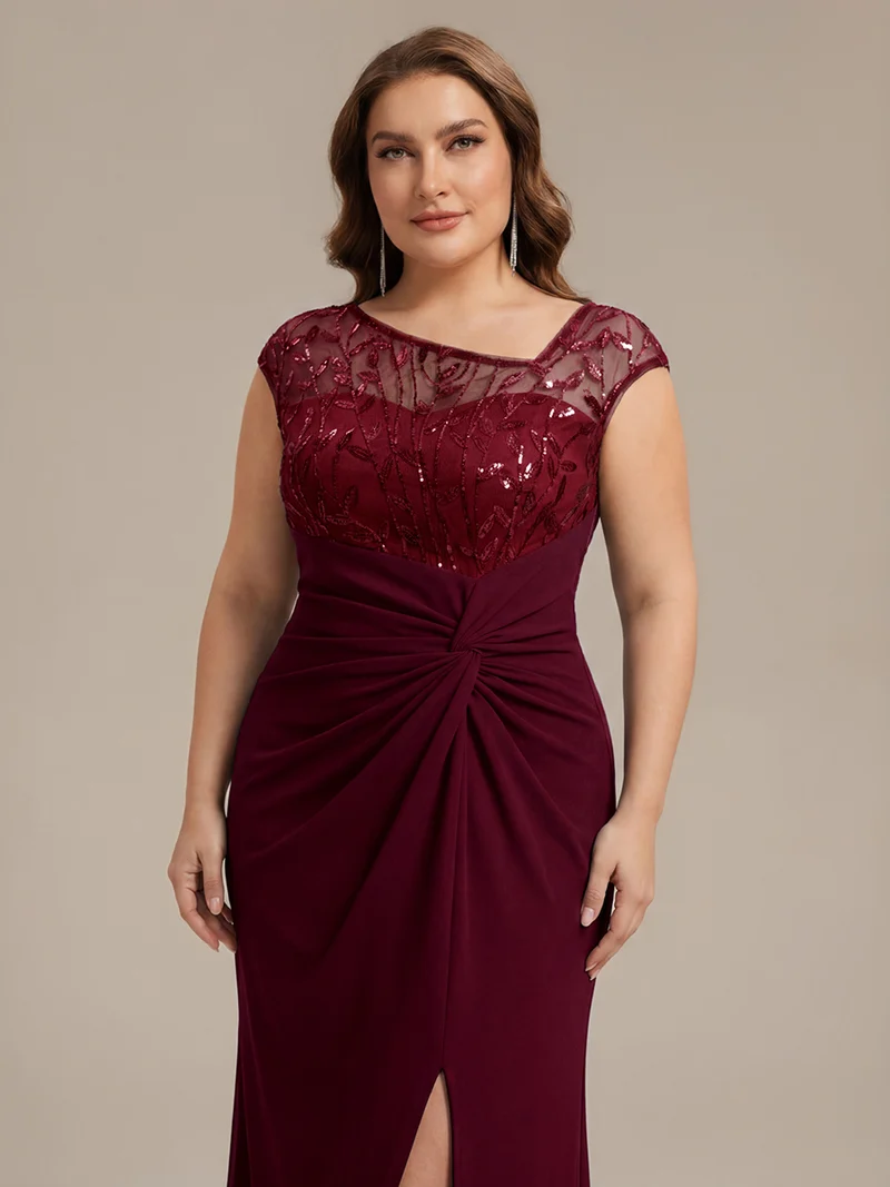 Robe longue moulante asymétrique à manches courtes en sequins extensibles