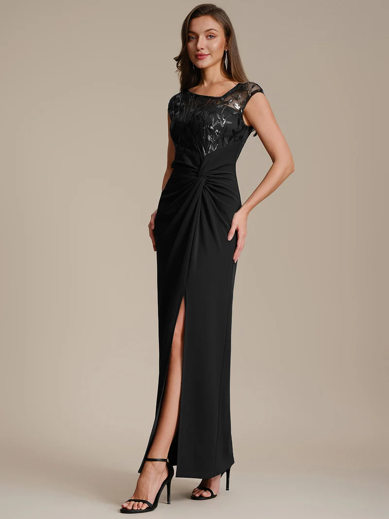 Robe longue moulante asymétrique à manches courtes en sequins extensibles