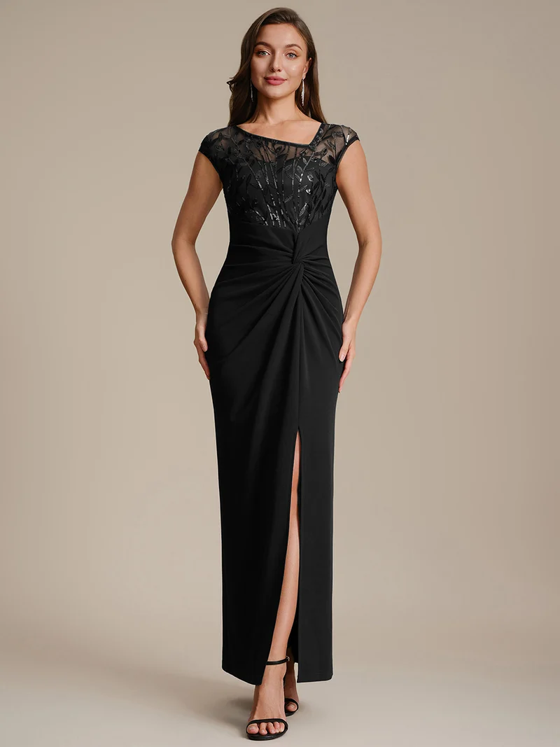 Robe longue moulante asymétrique à manches courtes en sequins extensibles