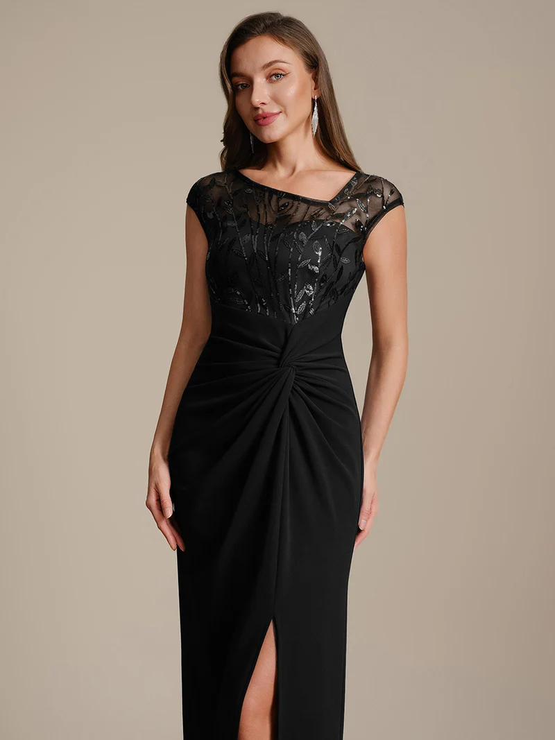 Robe longue moulante asymétrique à manches courtes en sequins extensibles