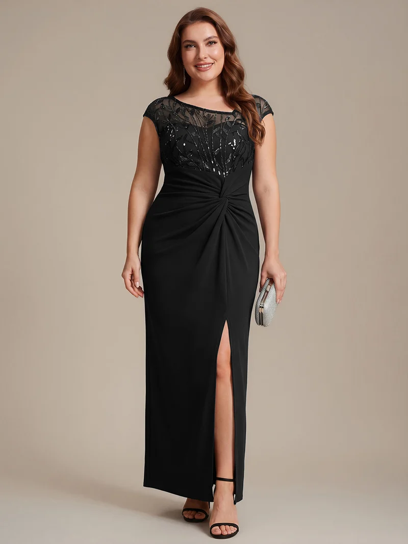 Robe longue moulante asymétrique à manches courtes en sequins extensibles