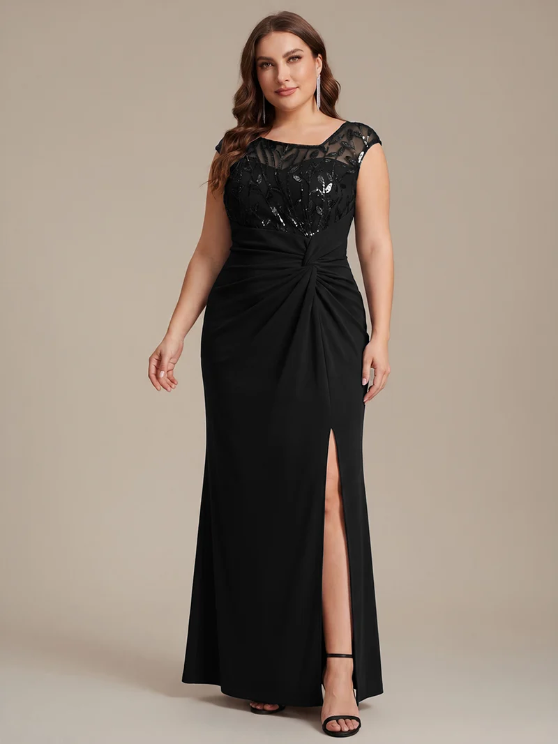 Robe longue moulante asymétrique à manches courtes en sequins extensibles