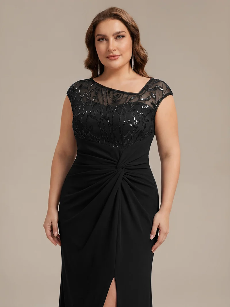 Robe longue moulante asymétrique à manches courtes en sequins extensibles