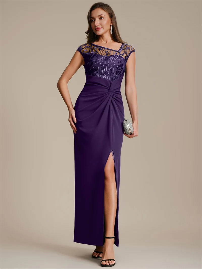 Robe longue moulante asymétrique à manches courtes en sequins extensibles