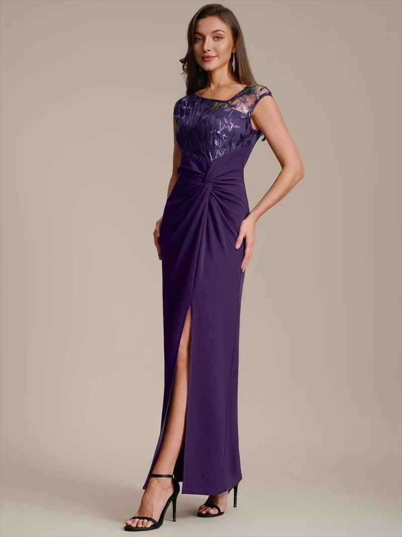 Robe longue moulante asymétrique à manches courtes en sequins extensibles