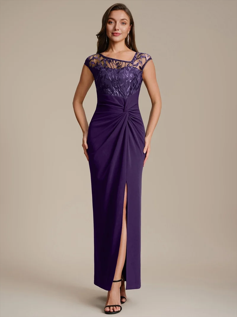 Robe longue moulante asymétrique à manches courtes en sequins extensibles