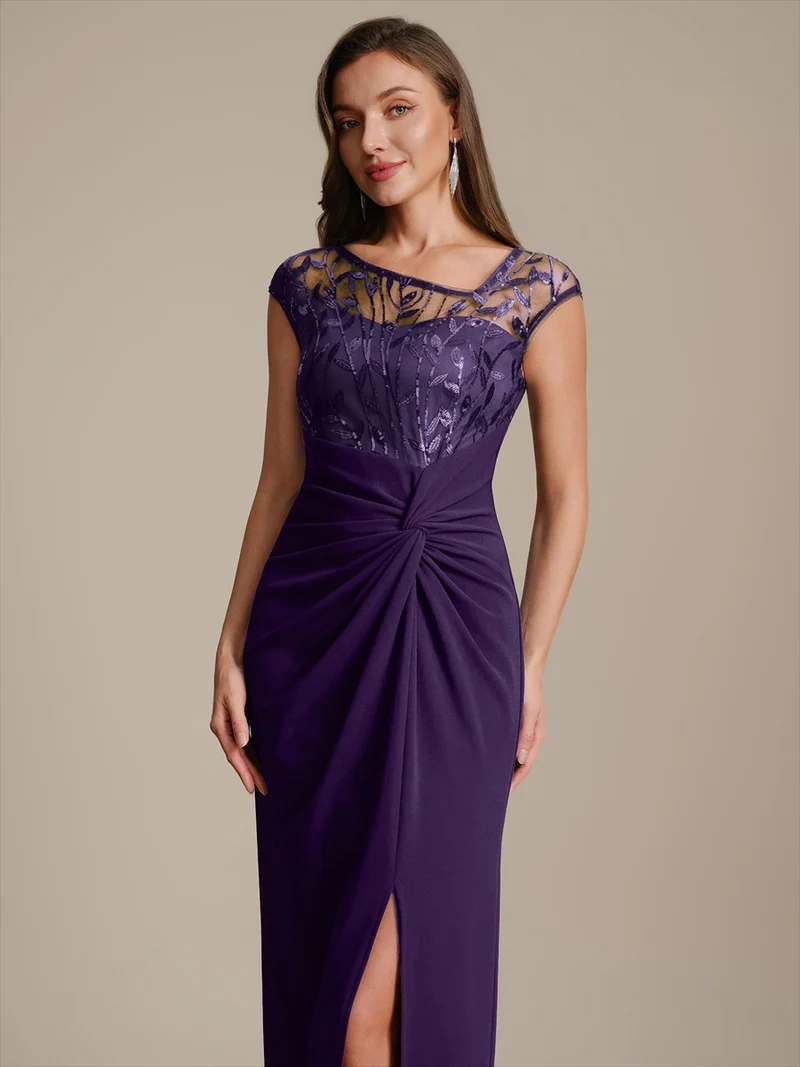 Robe longue moulante asymétrique à manches courtes en sequins extensibles