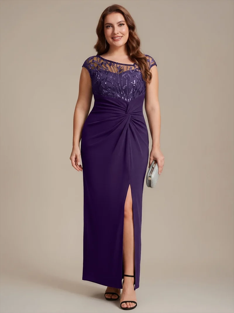 Robe longue moulante asymétrique à manches courtes en sequins extensibles
