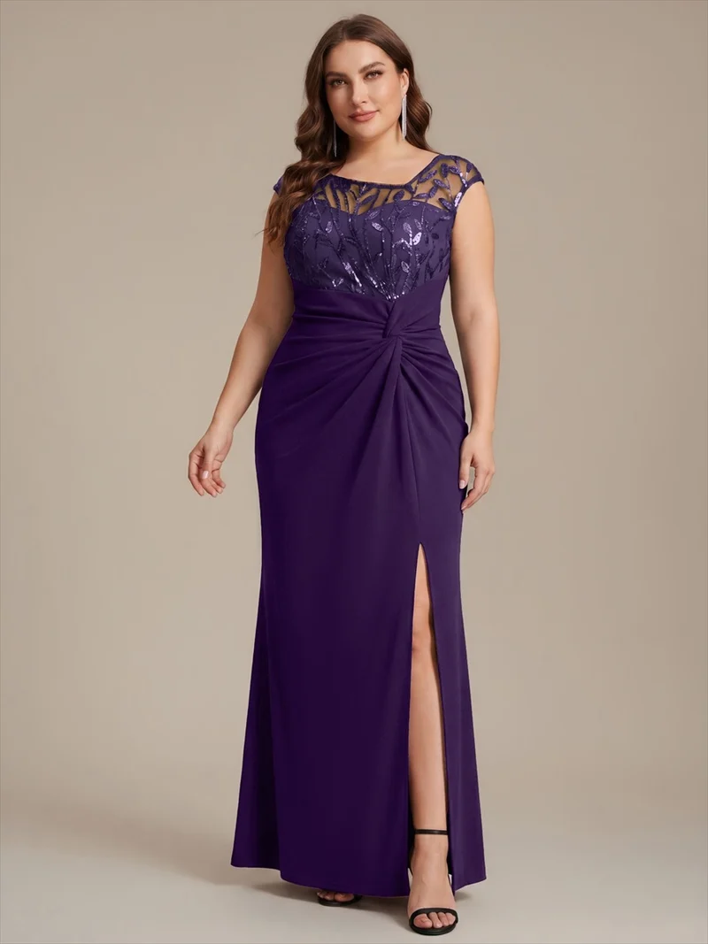 Robe longue moulante asymétrique à manches courtes en sequins extensibles