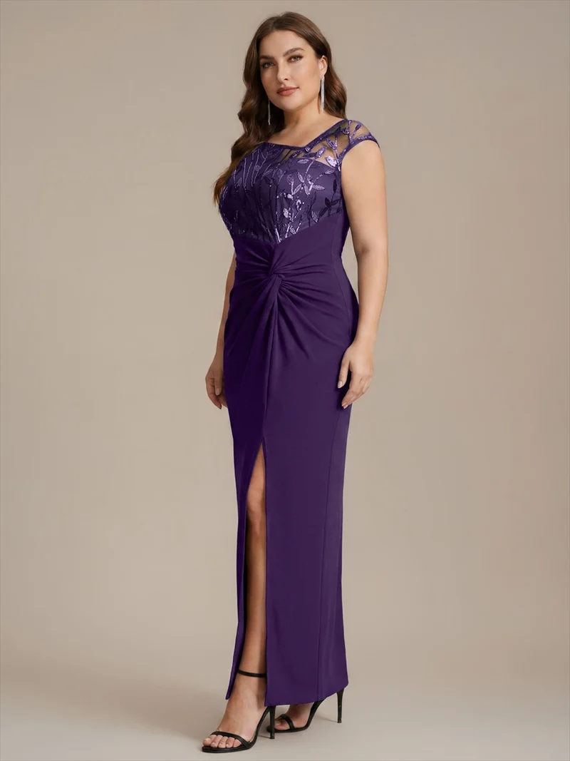 Robe longue moulante asymétrique à manches courtes en sequins extensibles