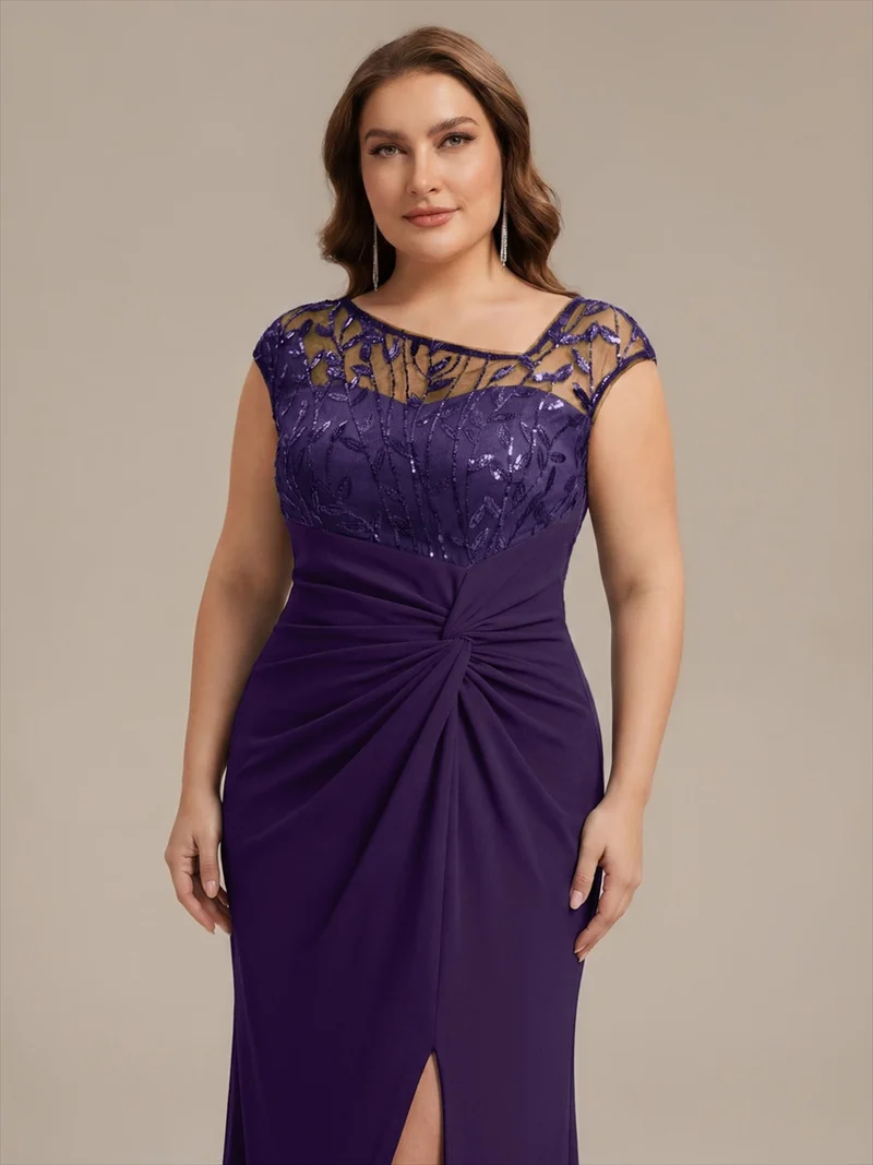 Robe longue moulante asymétrique à manches courtes en sequins extensibles