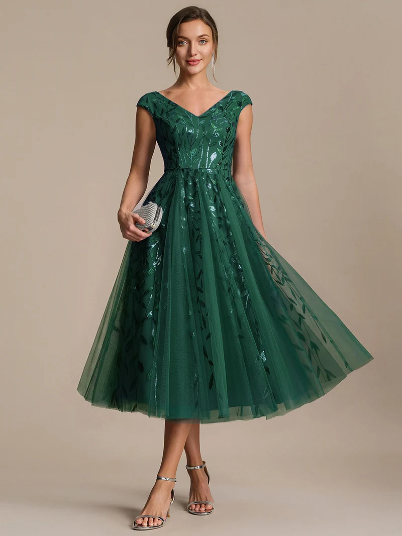 Robe midi sans manches col en V à sequins et coupe évasée