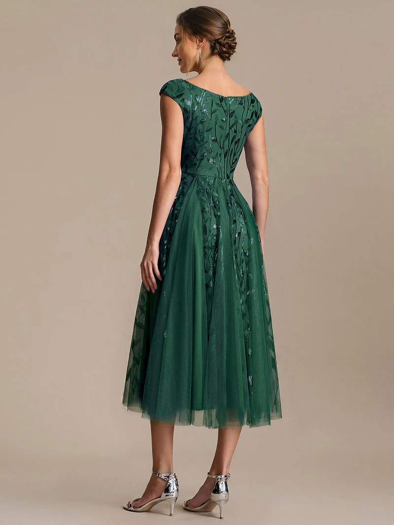 Robe midi sans manches col en V à sequins et coupe évasée