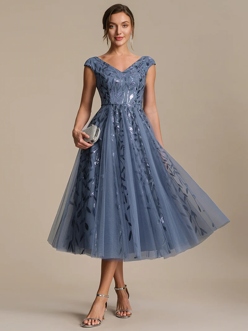 Robe midi sans manches col en V à sequins et coupe évasée