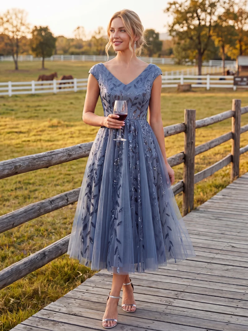 Robe midi sans manches col en V à sequins et coupe évasée