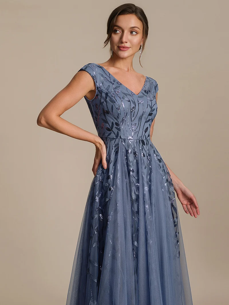 Robe midi sans manches col en V à sequins et coupe évasée