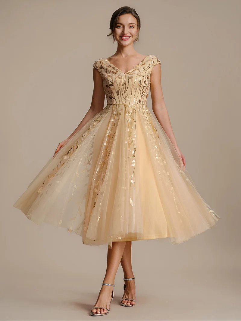 Robe midi sans manches col en V à sequins et coupe évasée