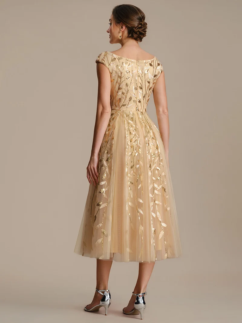 Robe midi sans manches col en V à sequins et coupe évasée