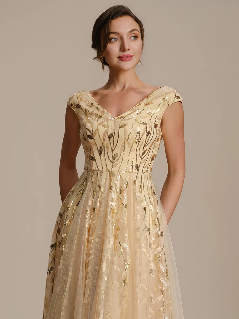 Robe midi sans manches col en V à sequins et coupe évasée
