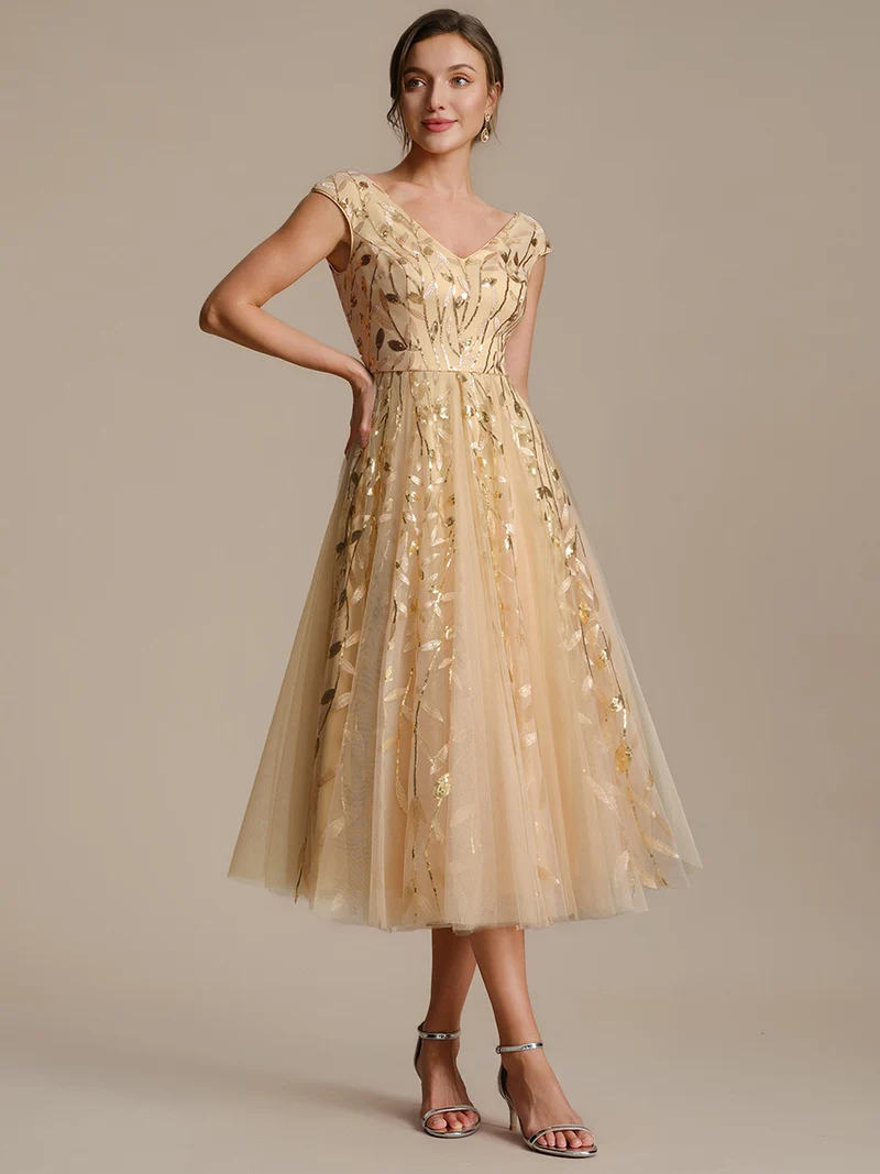 Robe midi sans manches col en V à sequins et coupe évasée