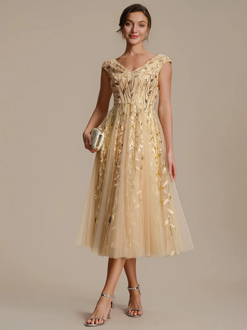 Robe midi sans manches col en V à sequins et coupe évasée