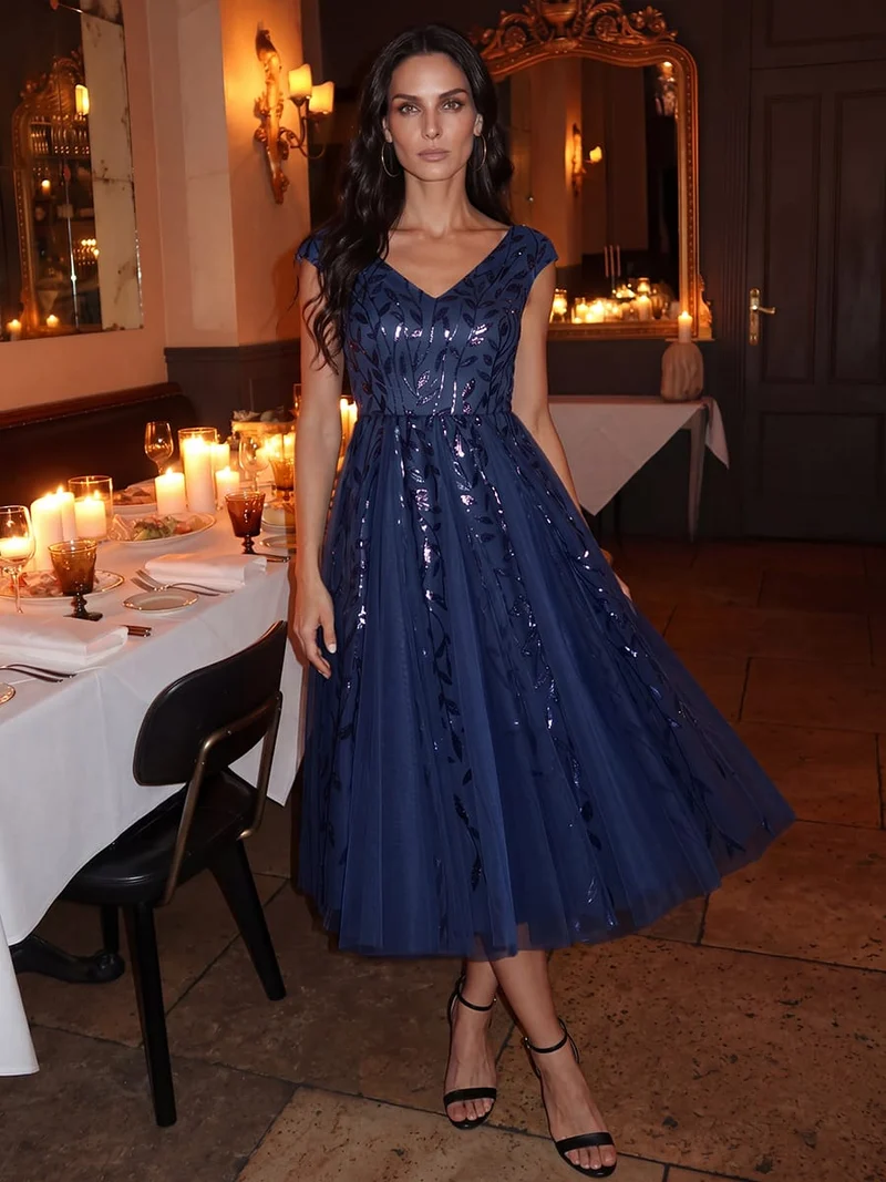 Robe midi sans manches col en V à sequins et coupe évasée