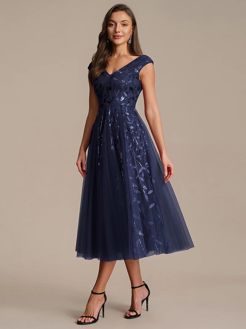 Robe midi sans manches col en V à sequins et coupe évasée